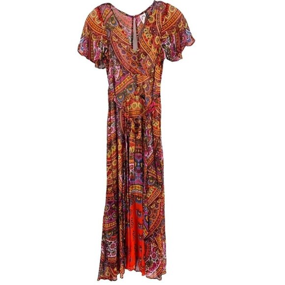 Akemi + Kin Anthro Sz US 0 Multicolor Murol Flutter Faux Wrap Chiffon Maxi Dress - Picture 1 of 11